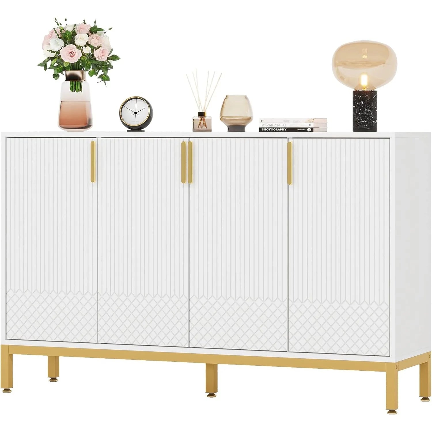 Modern White Storage Cabinet with Gold Accents