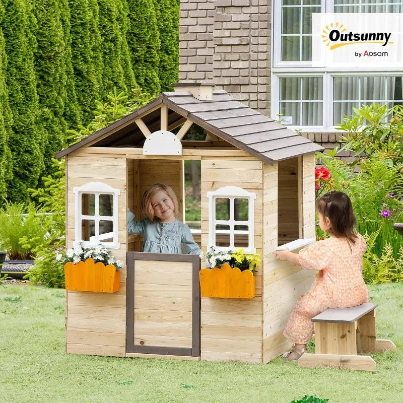 Wooden Kids Outdoor Playhouse – Adventure Cottage with Door, Windows, Bench & Flowerpot Holders