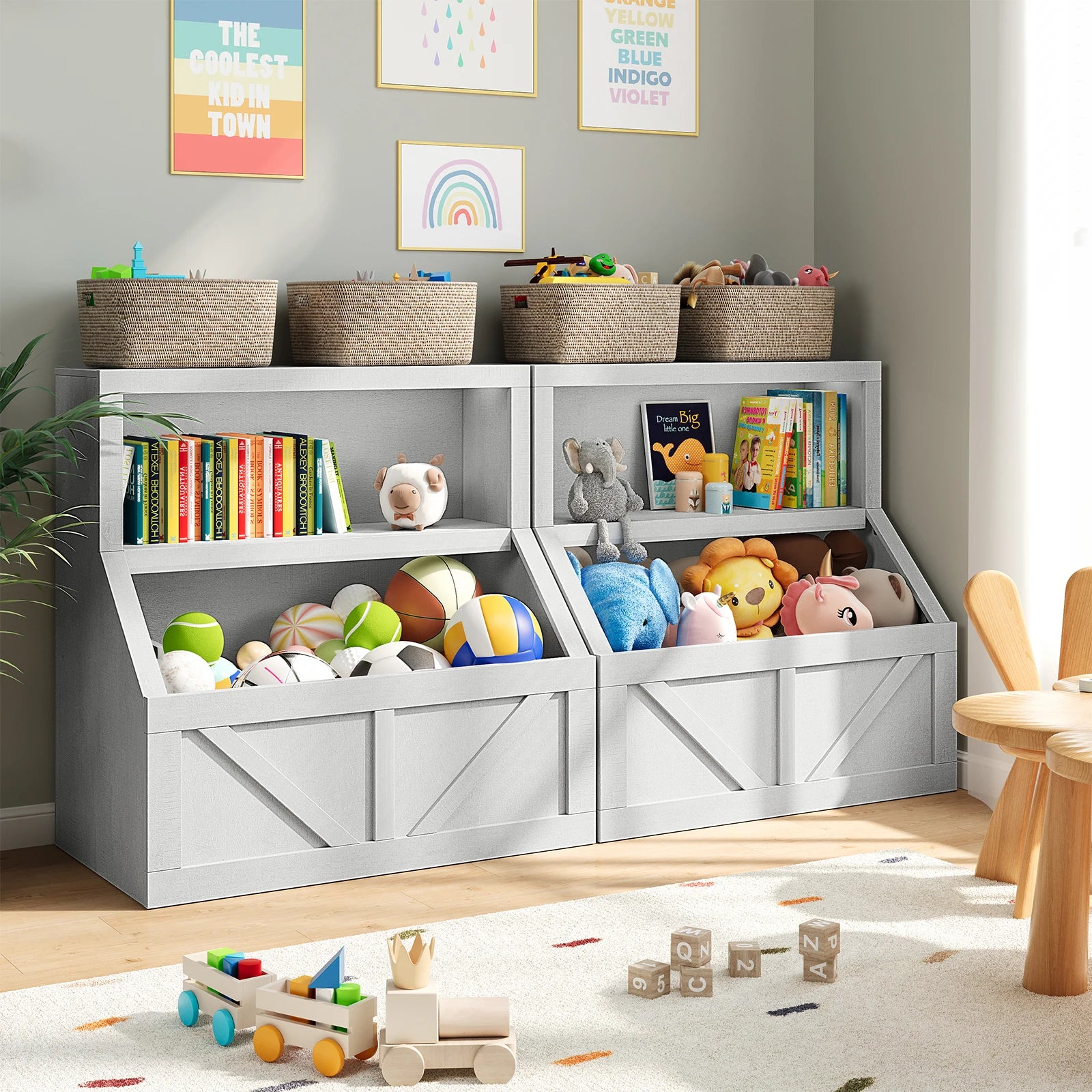 ids Bookshelf – Toy & Book Storage, Engineered Wood, Vintage White/Grey
