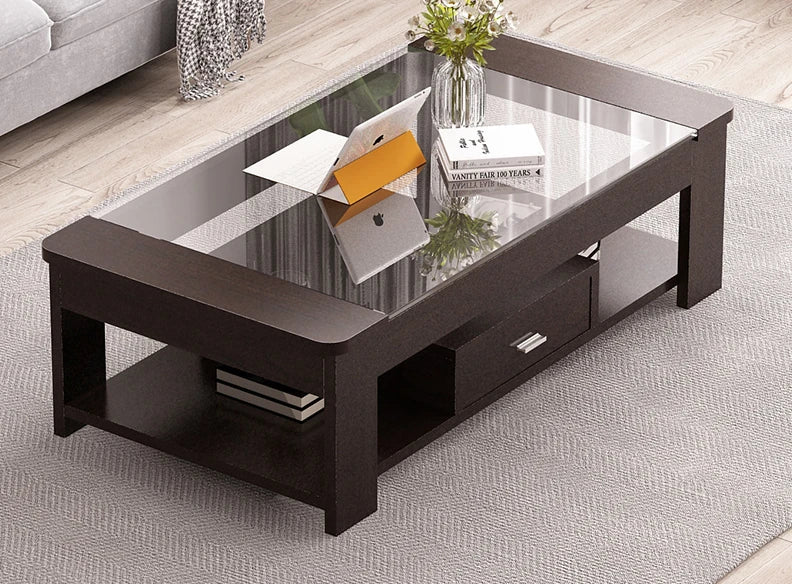 Scandinavian Modern Coffee Table with Tempered Glass – Simple & Stylish Design