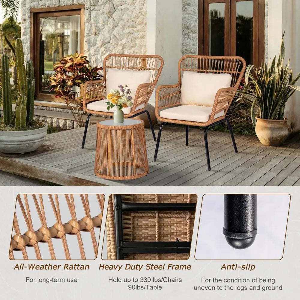 3-Piece Patio Bistro Set with Cushions & Glass Side Table – ANGDUO