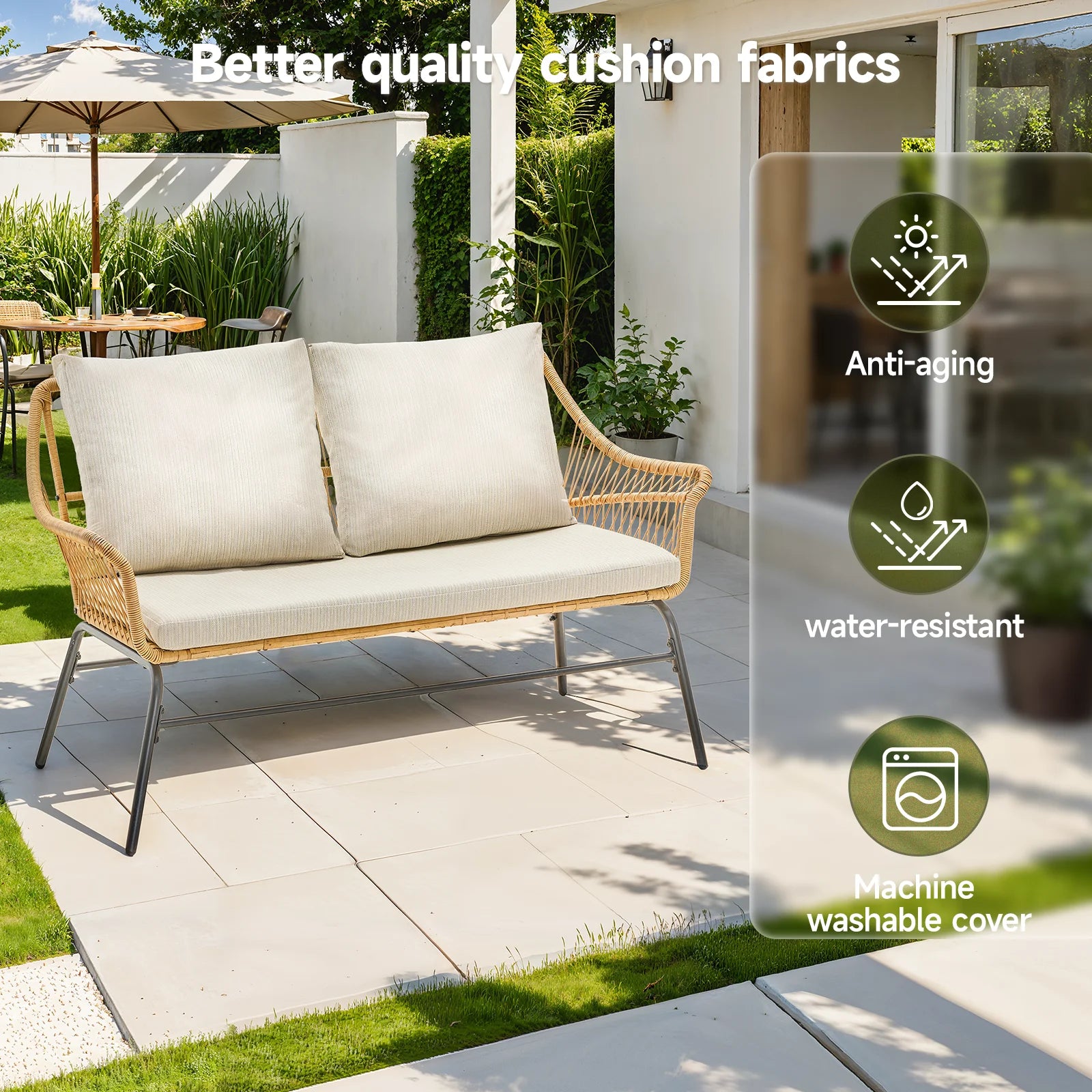4 Piece Patio Wicker Loveseat Sets, & End Table, 2 Outdoor Rattan Chairs with Glass Top Table Boho Patio Furniture Set for Garde