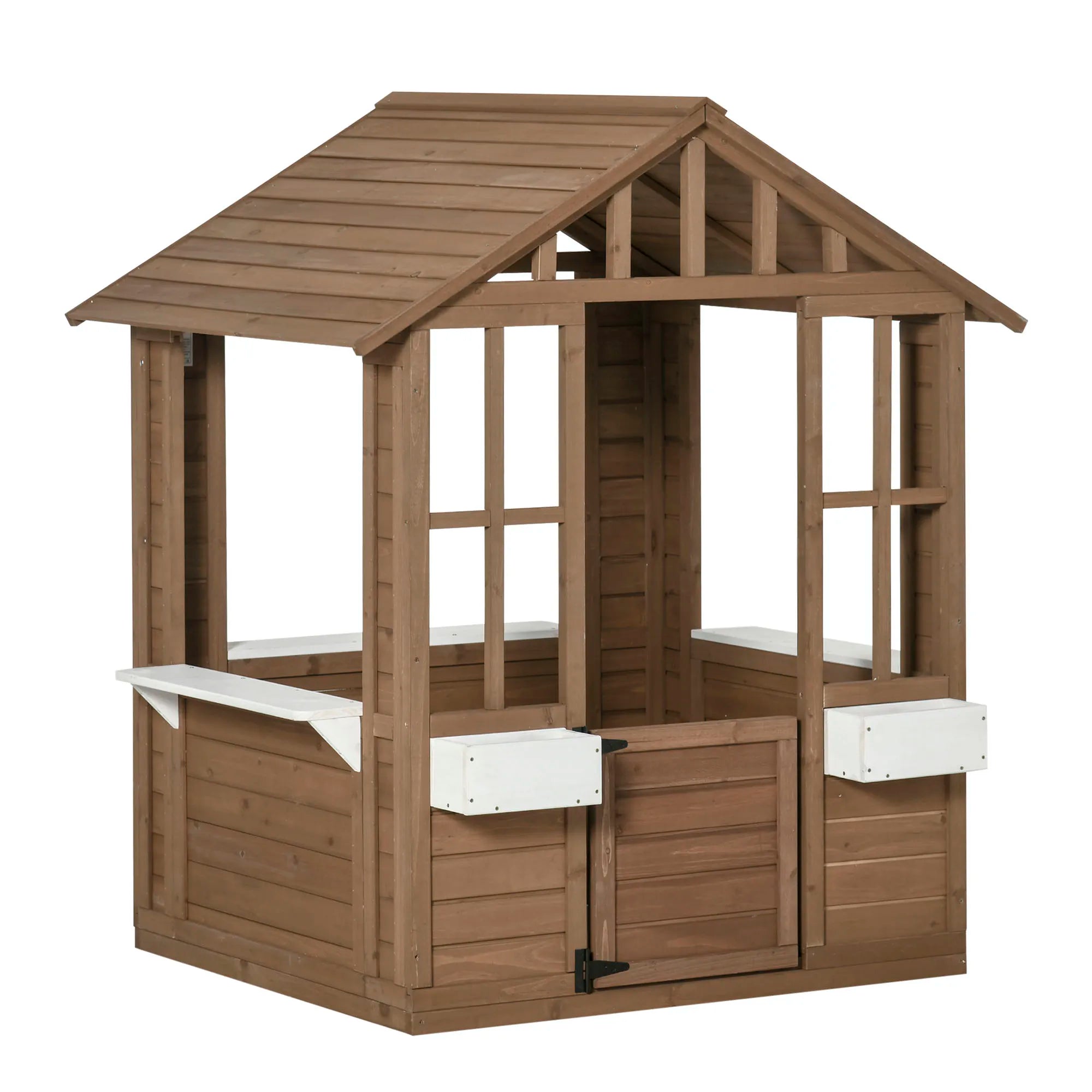 Outsunny Kids Wooden Outdoor Playhouse  Fir Wood, Serving Station & Flowerpot Holders