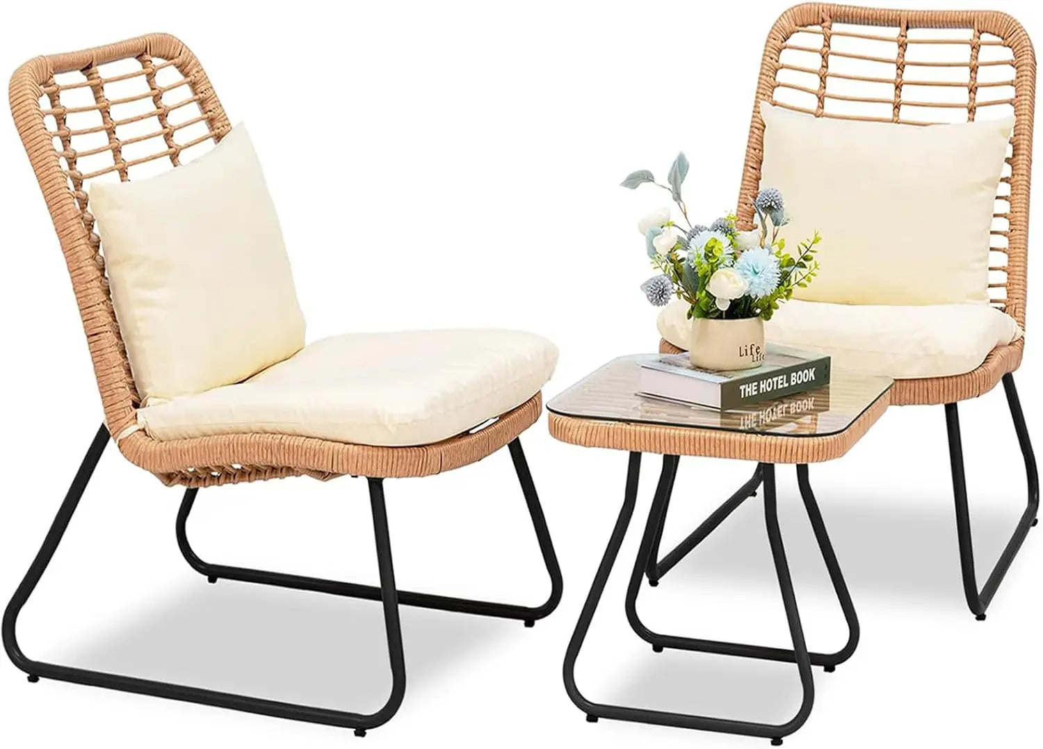 3-Piece Patio Bistro Set with Cushions & Glass Side Table – ANGDUO