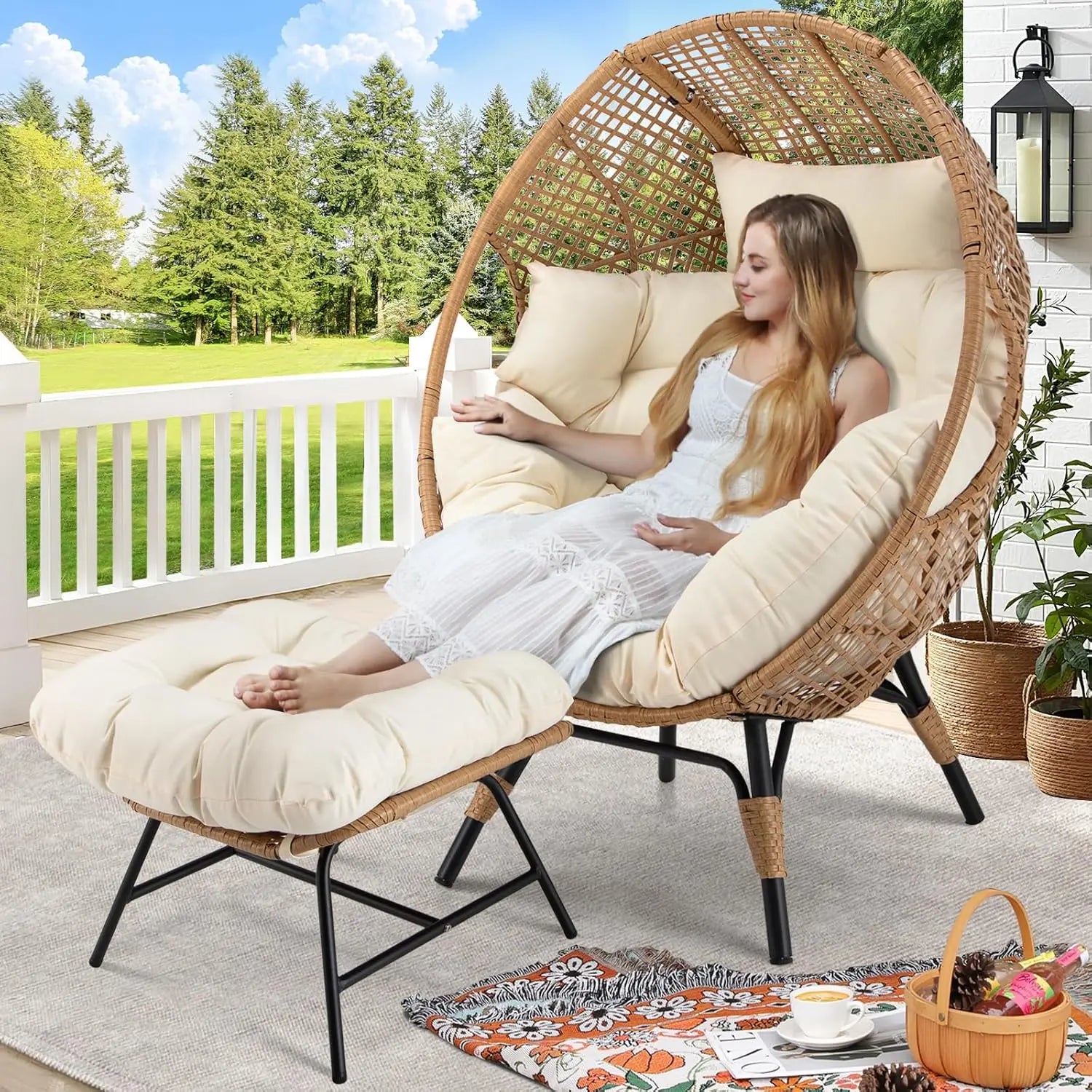 Egg Chair with Footrest – Oversized Rattan Lounger for Indoor & Outdoor