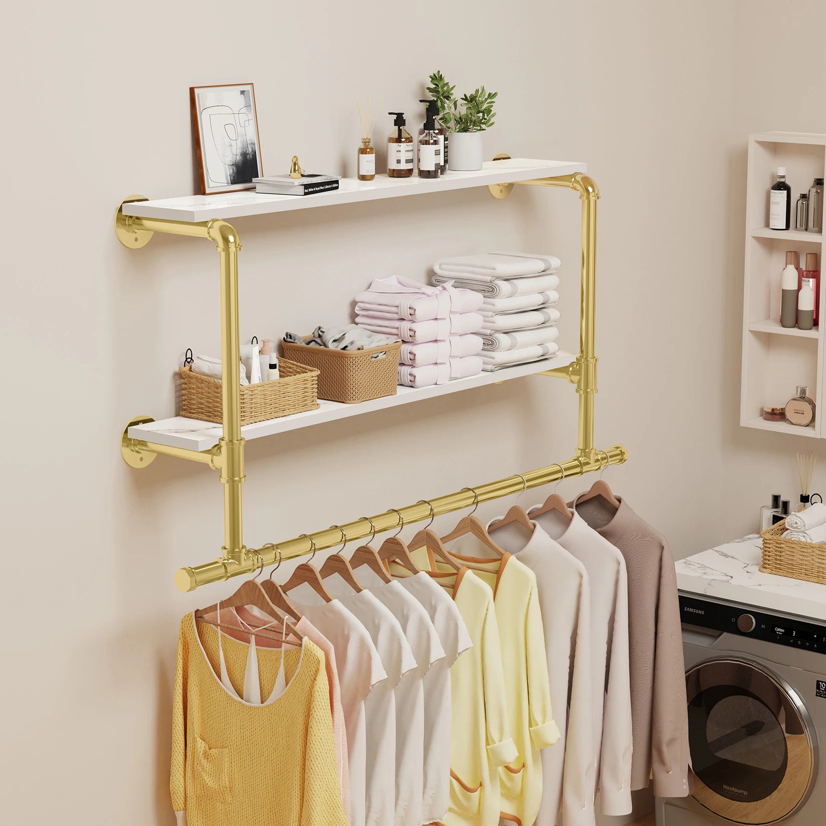 45.7” Industrial Pipe Clothing Rack with 2-Tier Shelf – Wall-Mounted Organizer