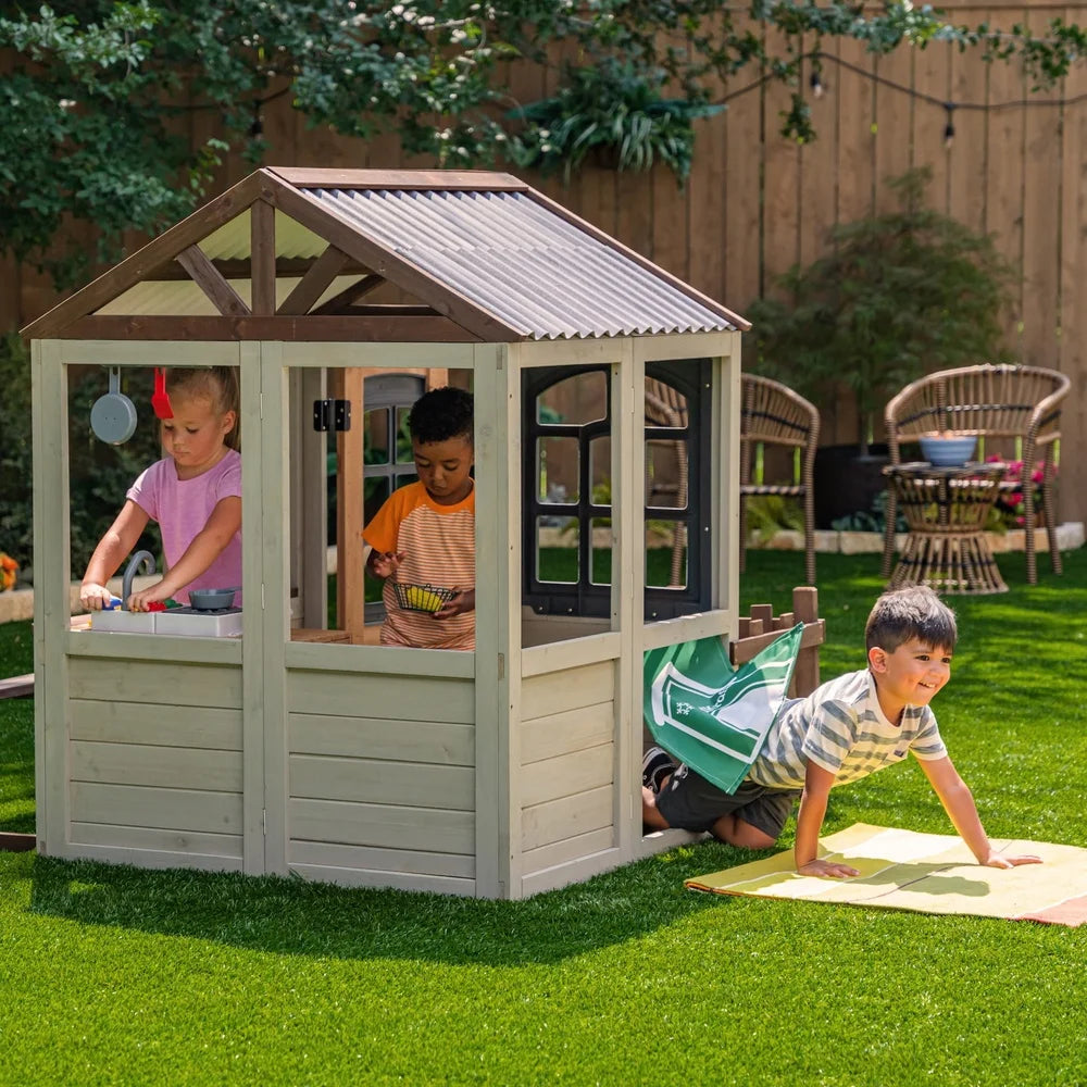 Pioneer Cottage Wooden Outdoor Playhouse for Kids with Kitchen Accessories & Doorbell