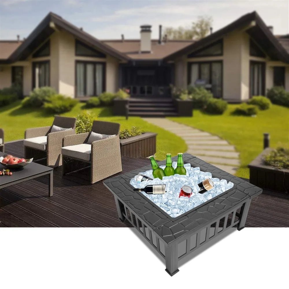 Outdoor Square Fire Pit with Mesh Lid & Poker – 32" Black Metal