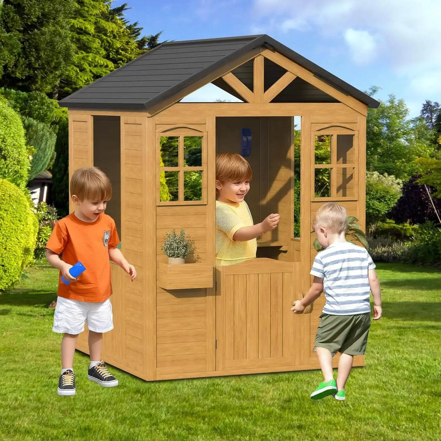 Outdoor Kids Playhouse | Wooden Toddler Playhouse with Kitchen & Accessories
