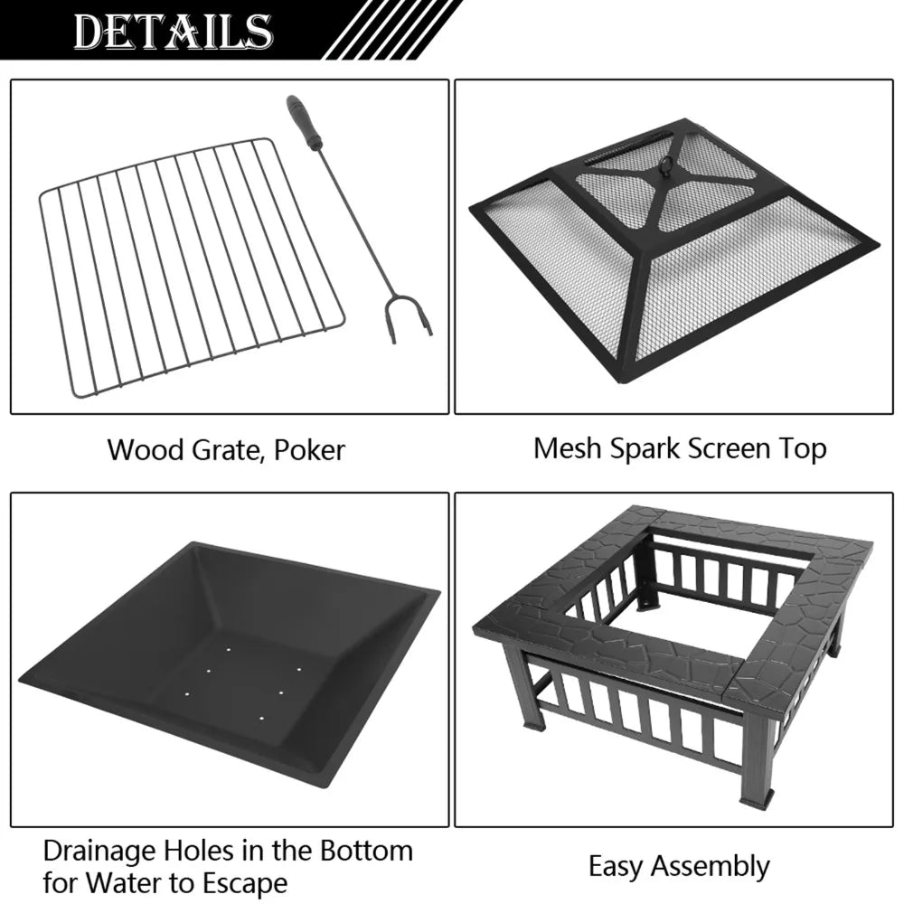Outdoor Square Fire Pit with Mesh Lid & Poker – 32" Black Metal