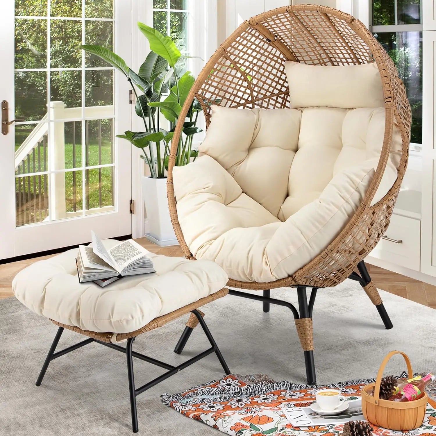 Egg Chair with Footrest – Oversized Rattan Lounger for Indoor & Outdoor