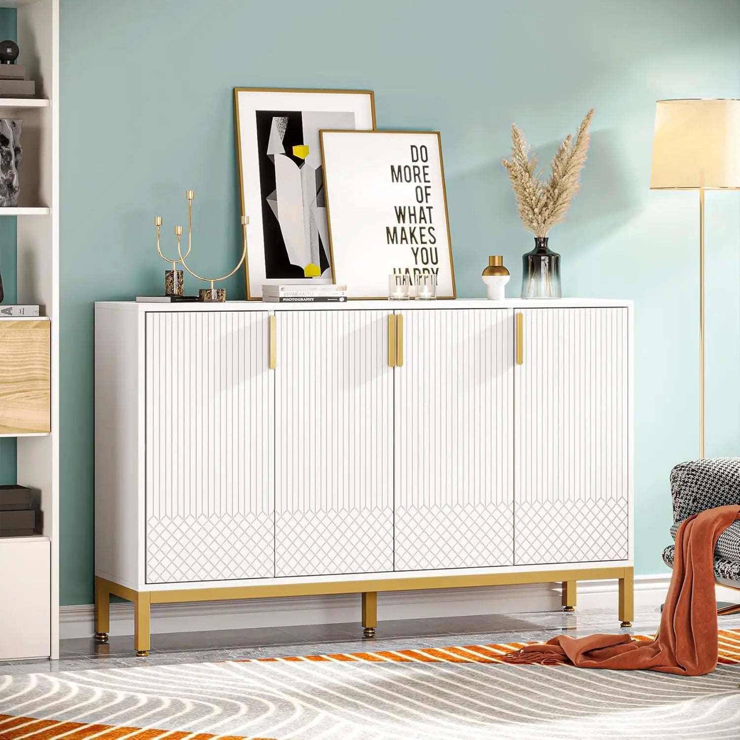 Modern White Storage Cabinet with Gold Accents