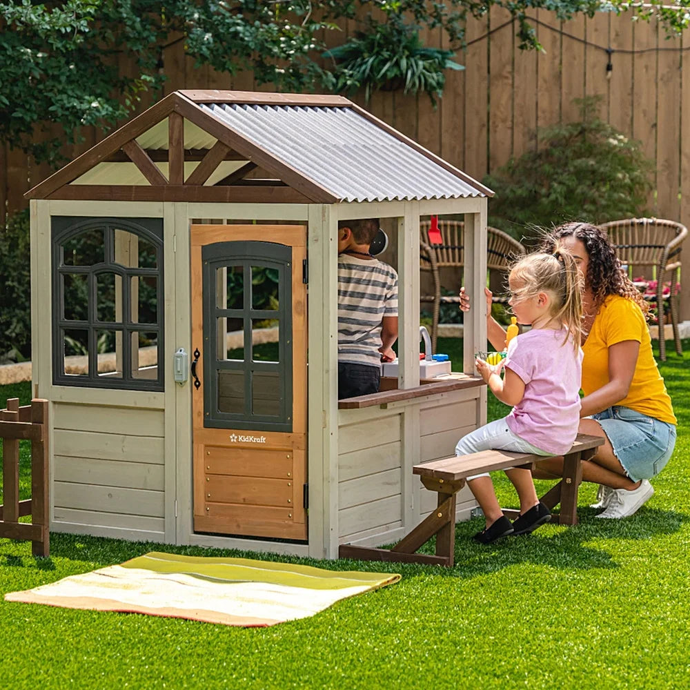 Pioneer Cottage Wooden Outdoor Playhouse for Kids with Kitchen Accessories & Doorbell