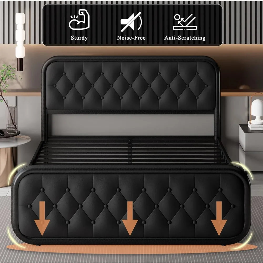 Bed Frame, Heavy Duty Bed Frame with Faux Leather Headboard, Bed with Strong Metal Slats Under-Bed Storage, Easy Assembly