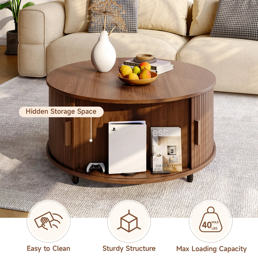 ONBRILL Modern Round Coffee Table with 360° Sliding Door