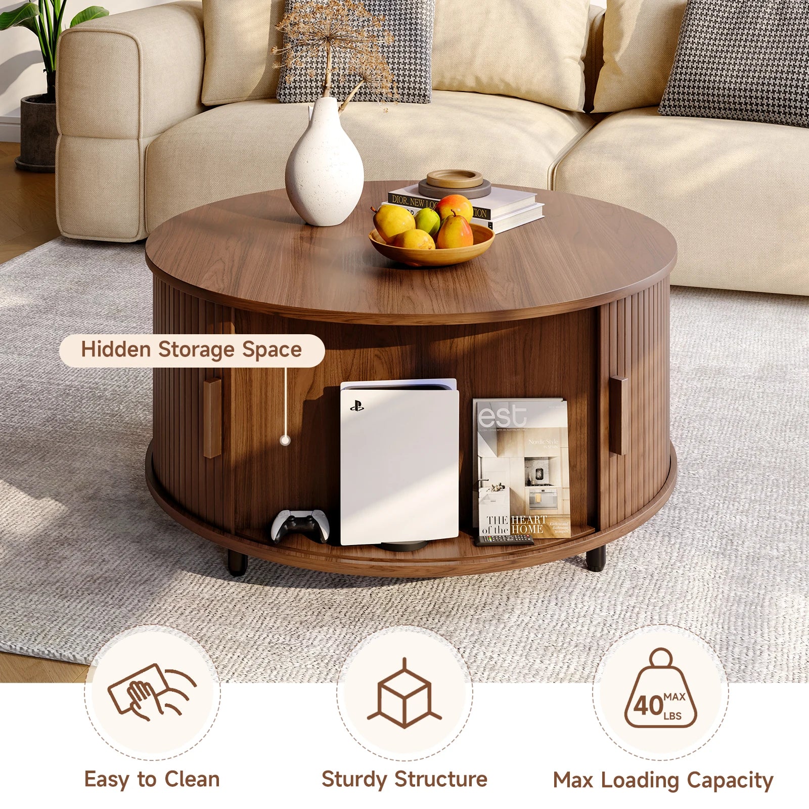 ONBRILL Modern Round Coffee Table with 360° Sliding Door