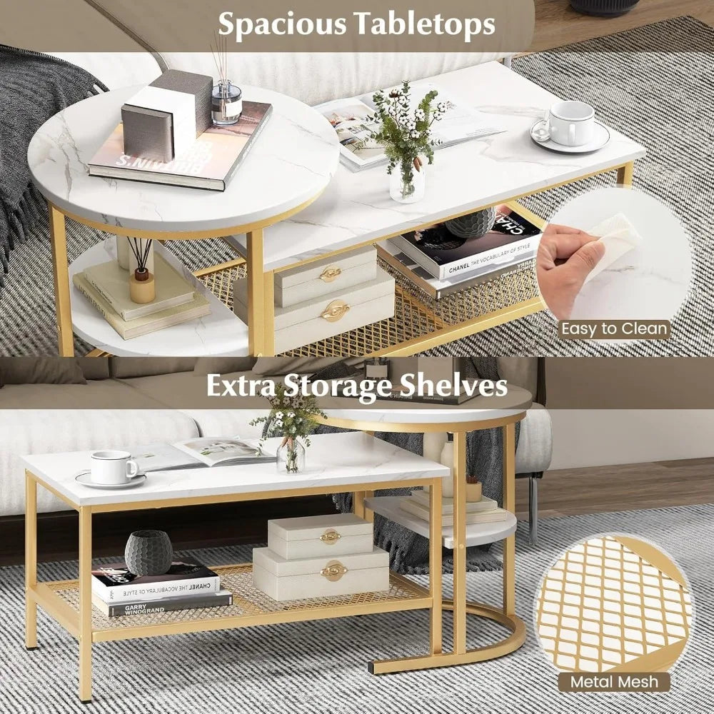2-in-1 Gold Nesting Coffee & Side Table Set with Faux Marble Top