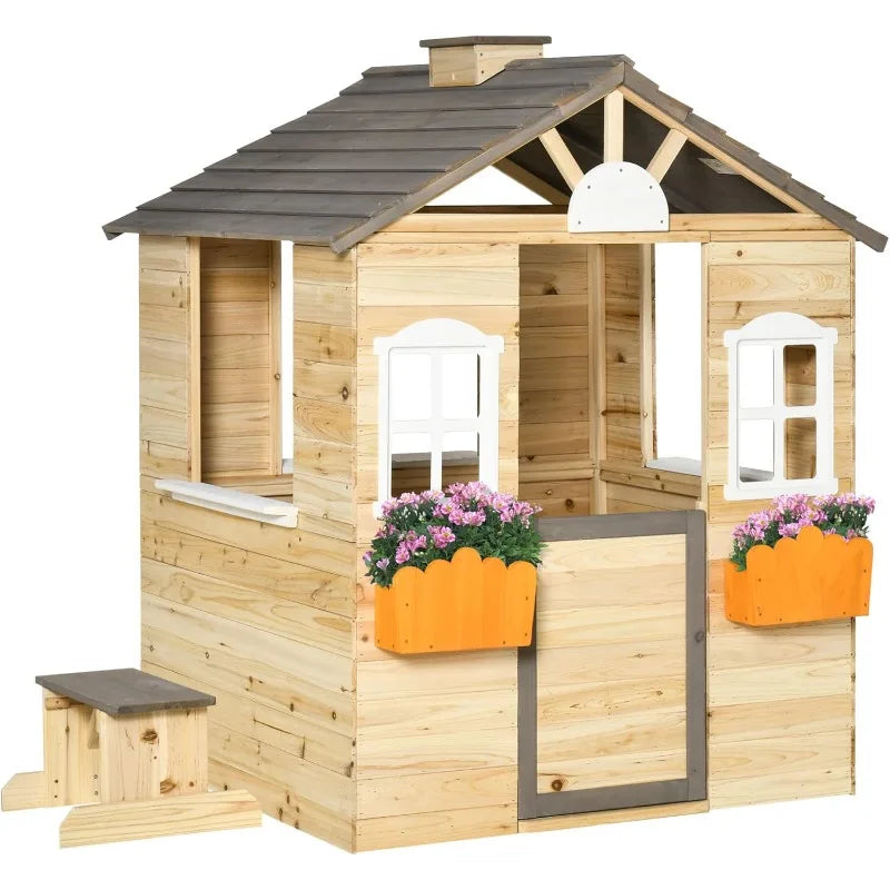 Wooden Kids Outdoor Playhouse – Adventure Cottage with Door, Windows, Bench & Flowerpot Holders