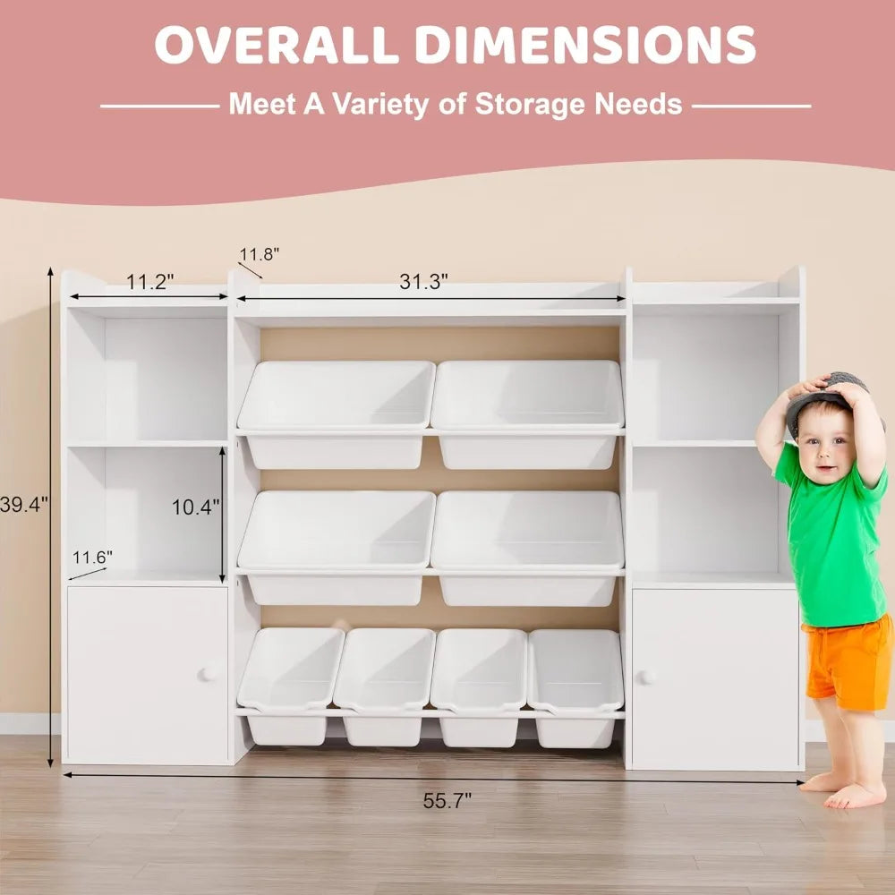 Kids Toy Storage Organizer W/8 Removable Toy Bins, 4-Tier Toy Organizers W/6 Storage Cubbies, Kids Bookshelf and Toy Storage fo