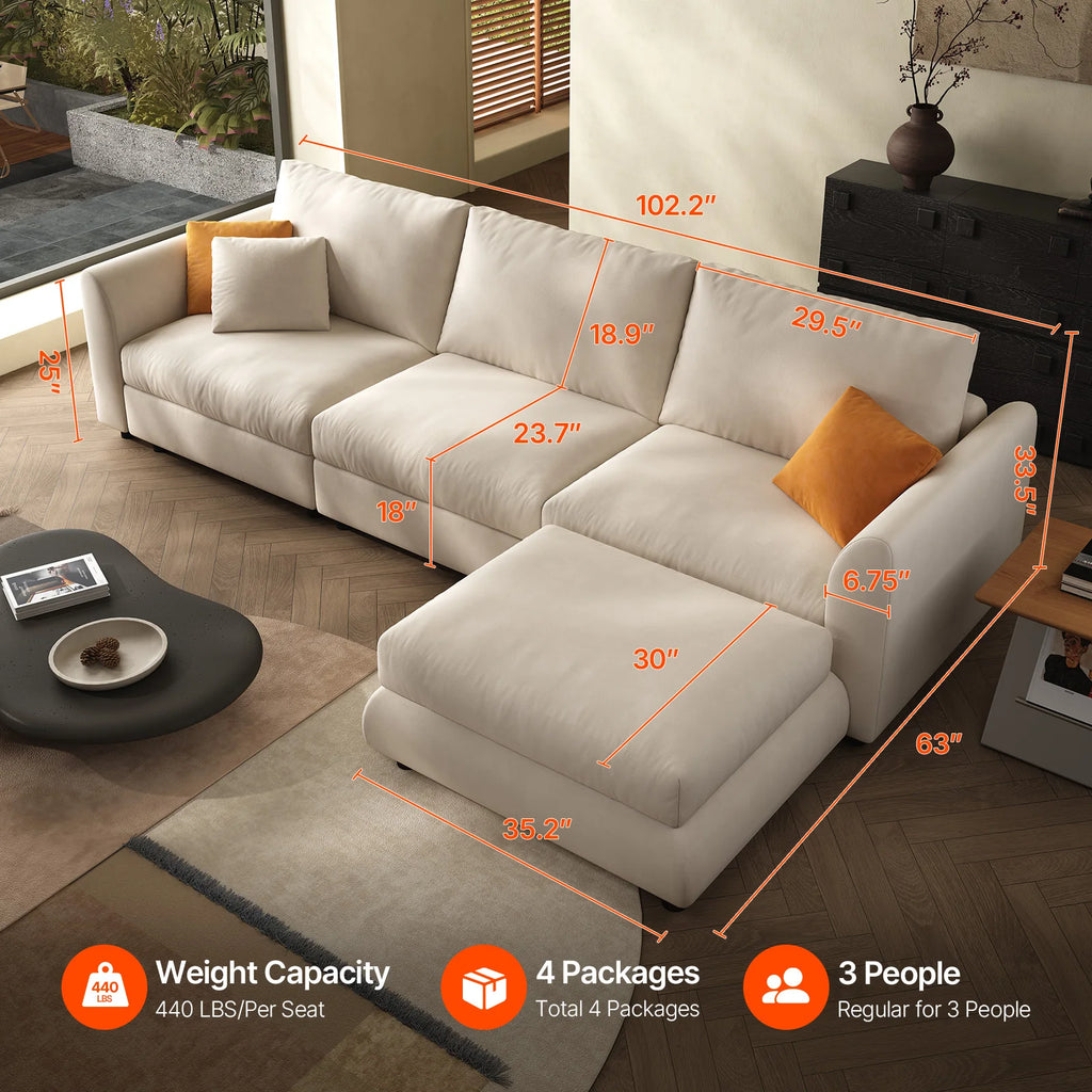 Cloud 108.2'' Modern U-Shaped Sectional Sofa – 4-Seater Convertible