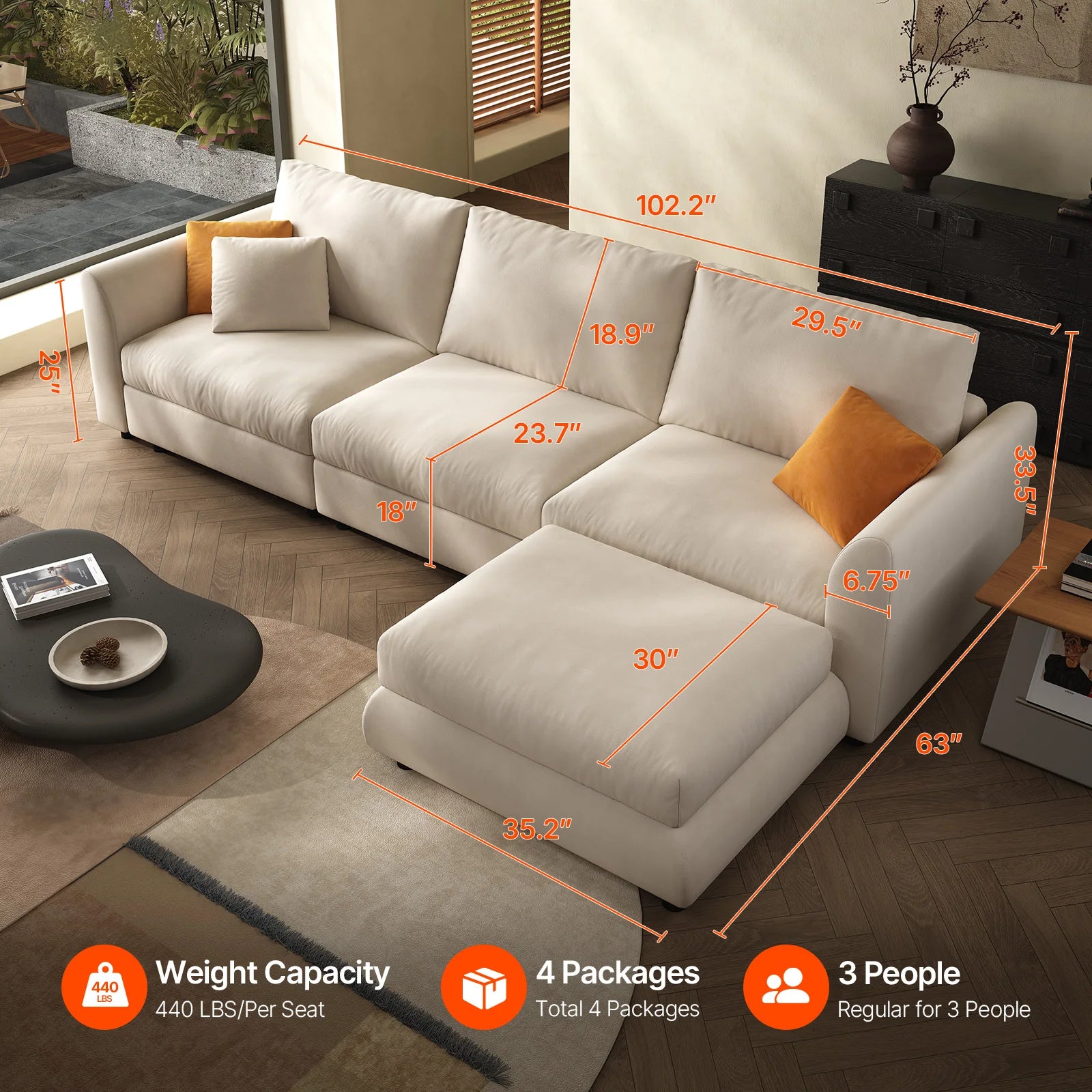 Cloud 108.2'' Modern U-Shaped Sectional Sofa – 4-Seater Convertible