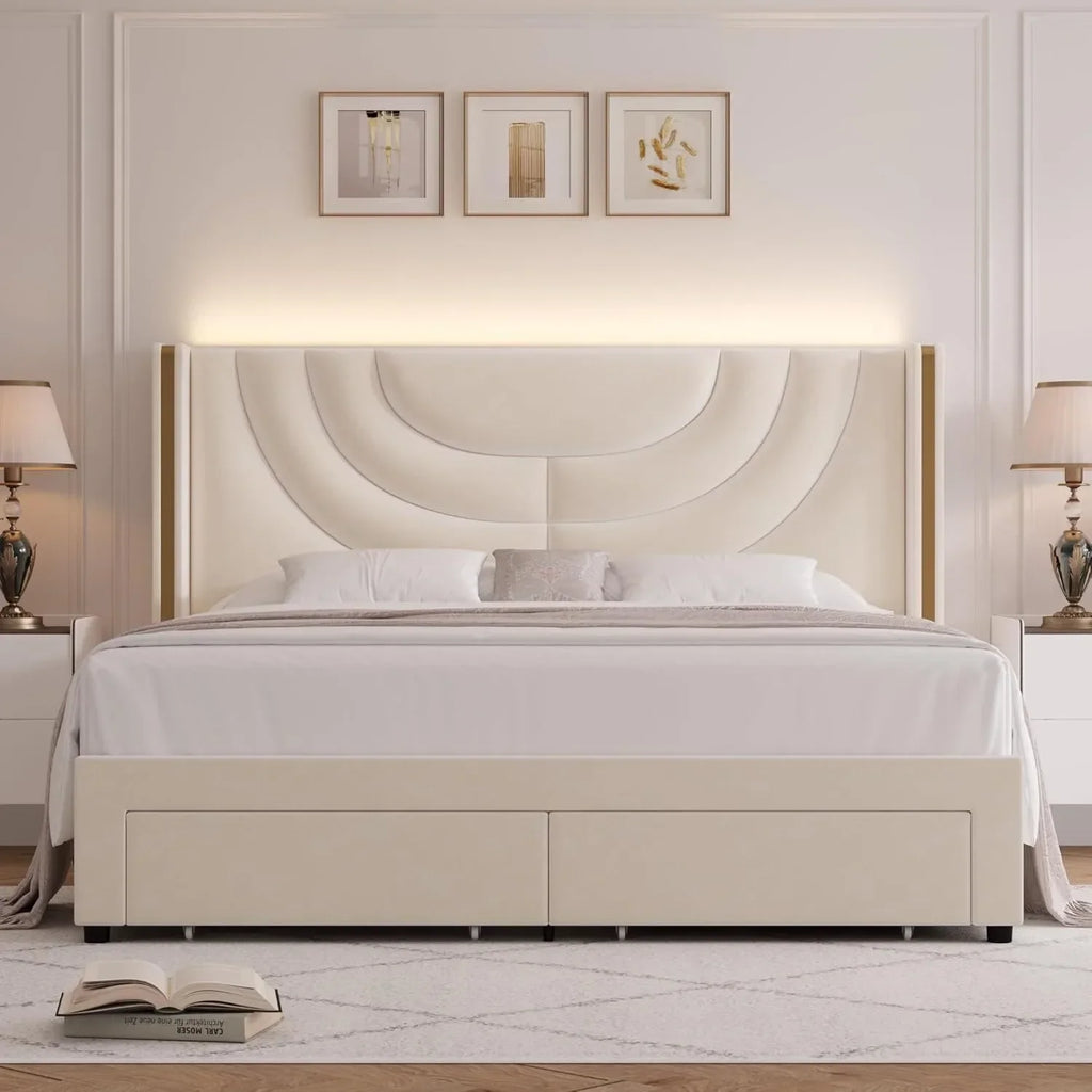 LED Upholstered Bed with Storage & Wingback Headboard