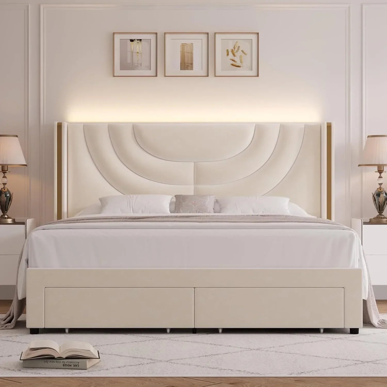 LED Upholstered Bed with Storage & Wingback Headboard