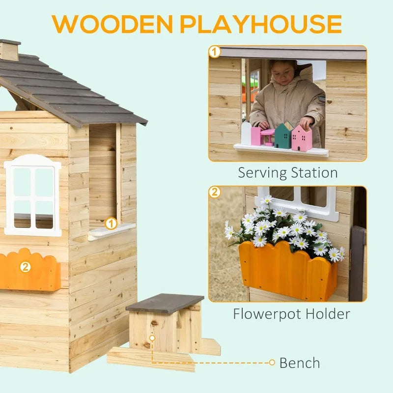 Wooden Kids Outdoor Playhouse – Adventure Cottage with Door, Windows, Bench & Flowerpot Holders