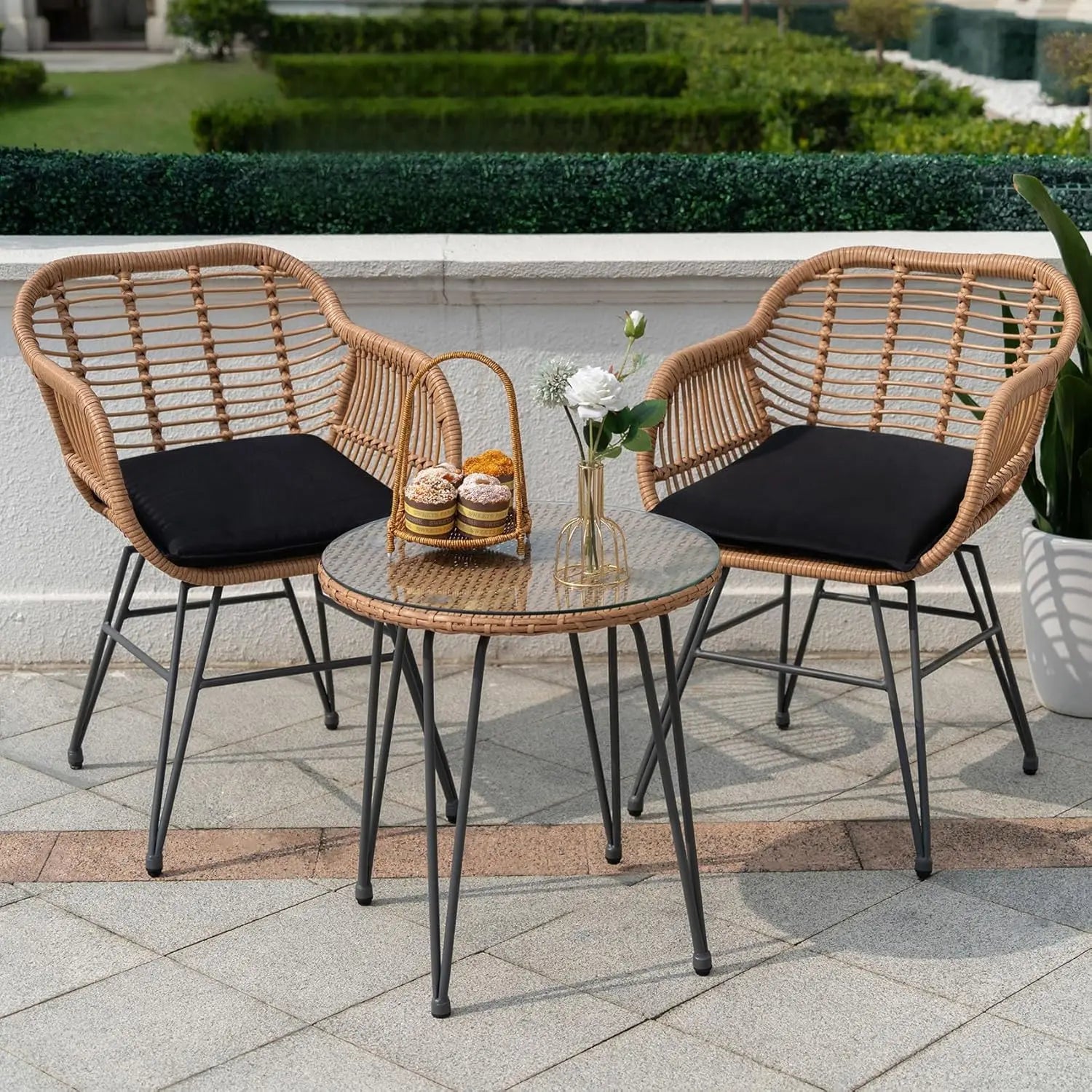 3-Piece Patio Bistro Set with Cushions & Glass Side Table – ANGDUO