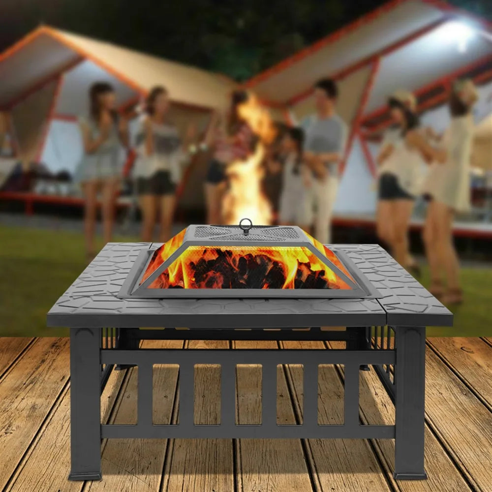 Outdoor Square Fire Pit with Mesh Lid & Poker – 32" Black Metal
