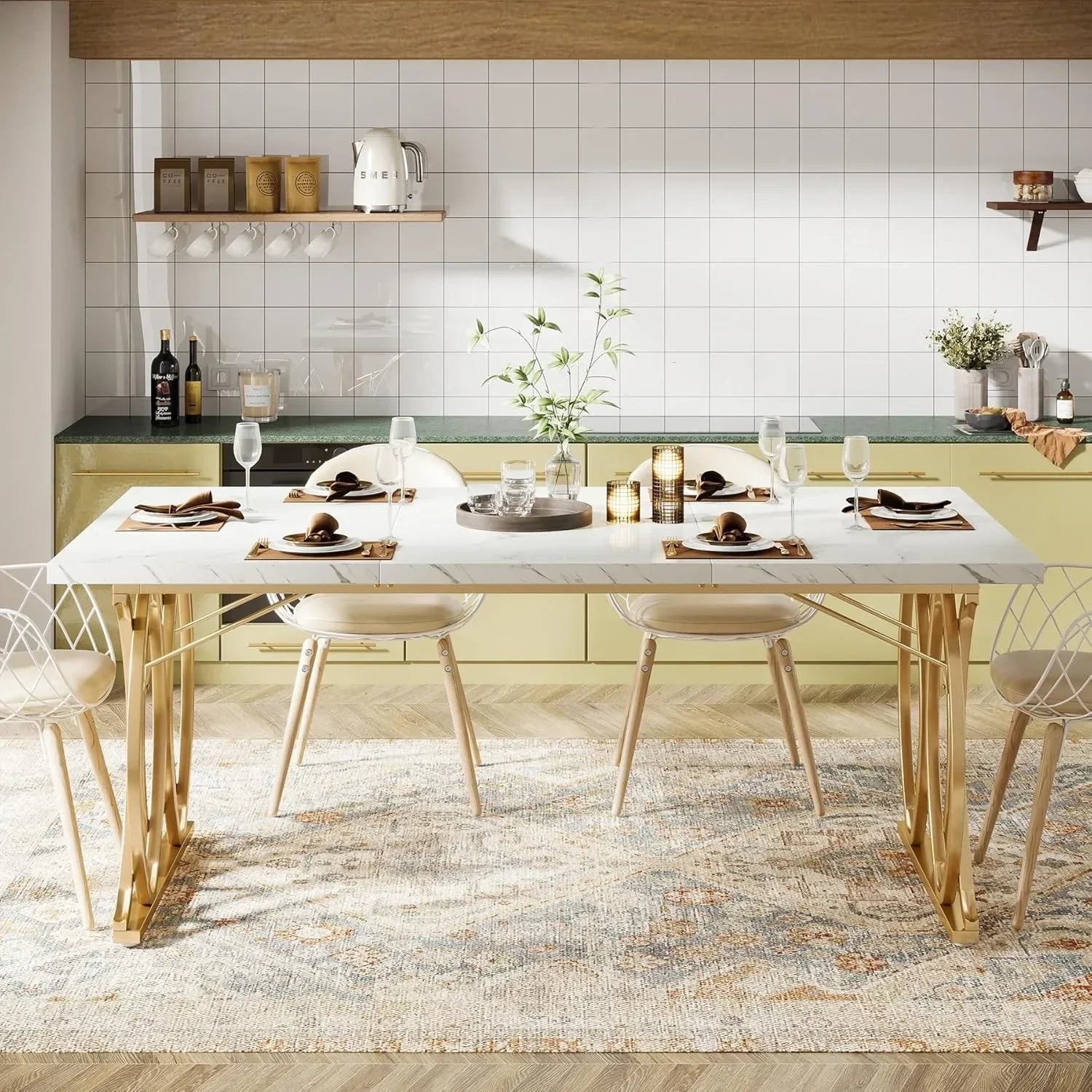 Modern Faux Marble Dining Table with Gold Geometric Legs