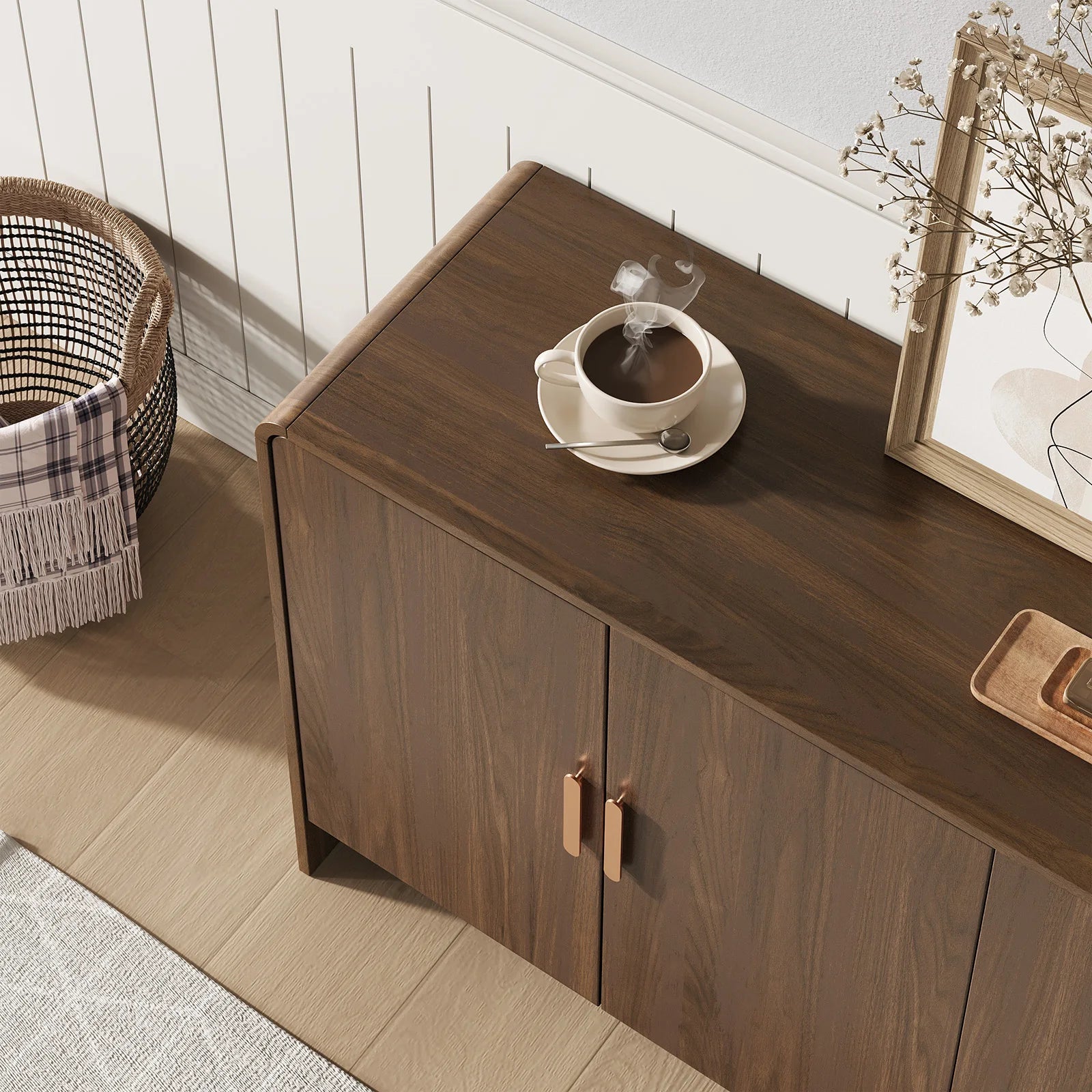 60" Rustic Curved Buffet Cabinet with Storage & Adjustable Shelves