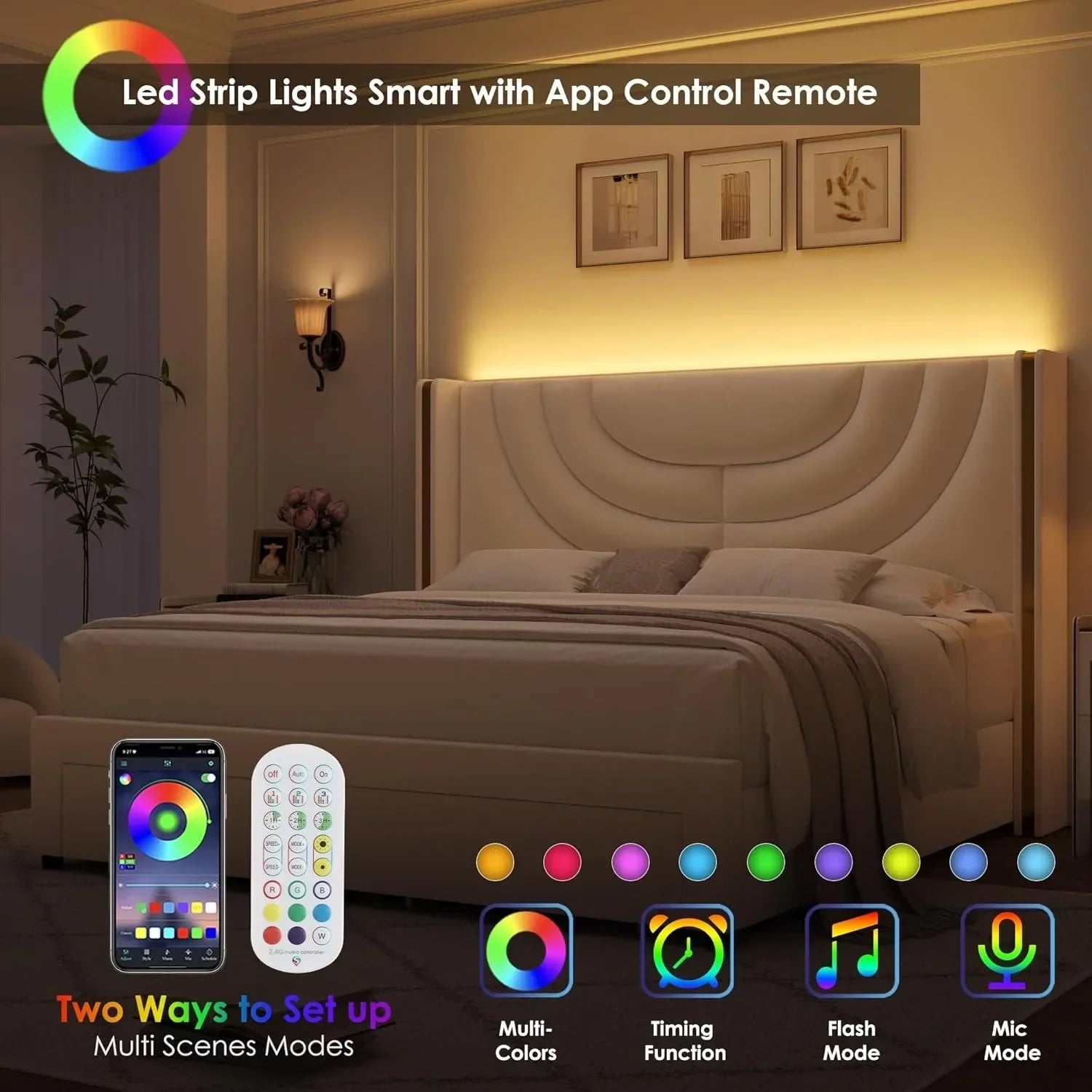 LED Upholstered Bed with Storage & Wingback Headboard