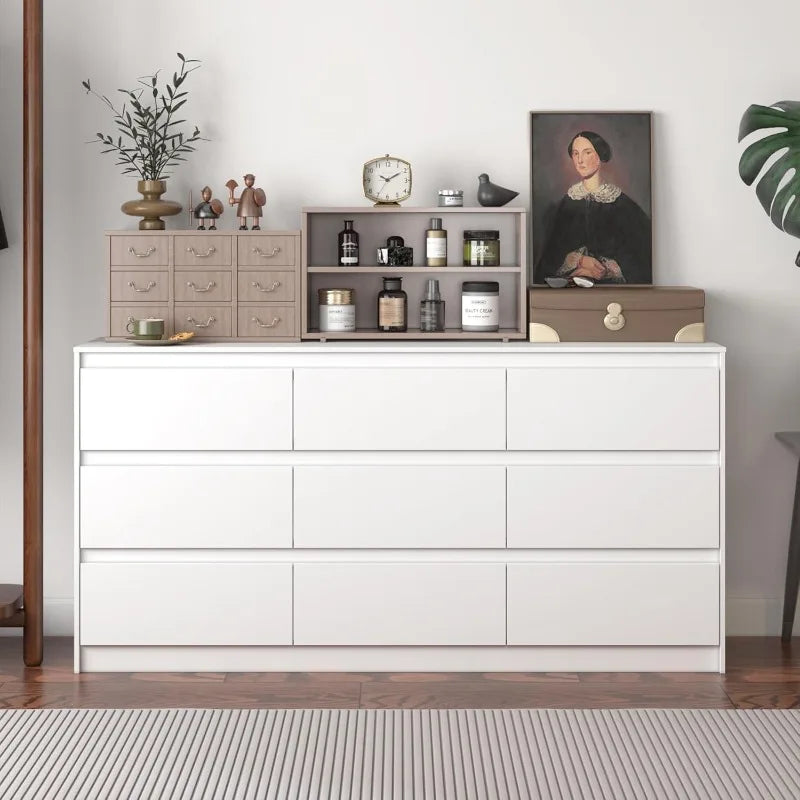 Modern White Wood Drawer Dresser with 9 Deep Drawers