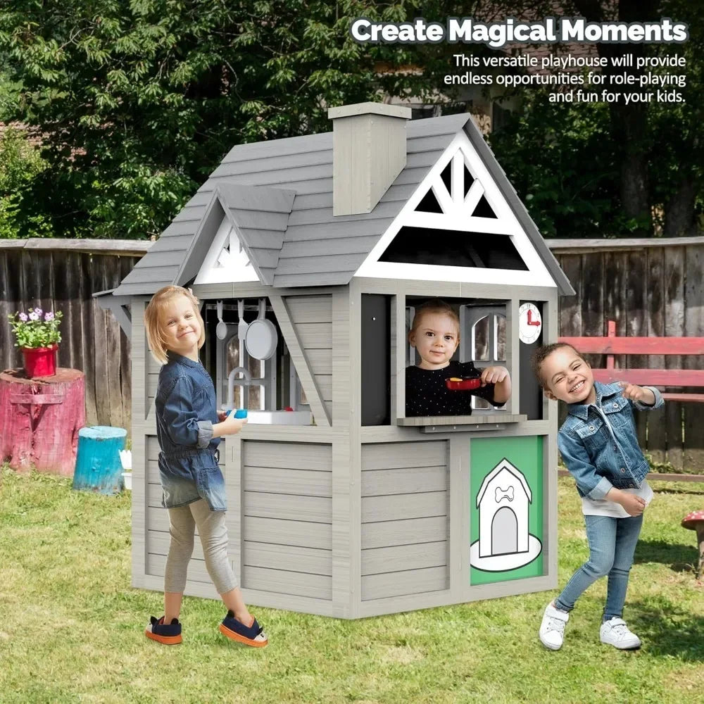 Children’s Outdoor Playhouse with Kitchen, Doorbell & Chalkboard – Fir Wood & Plastic