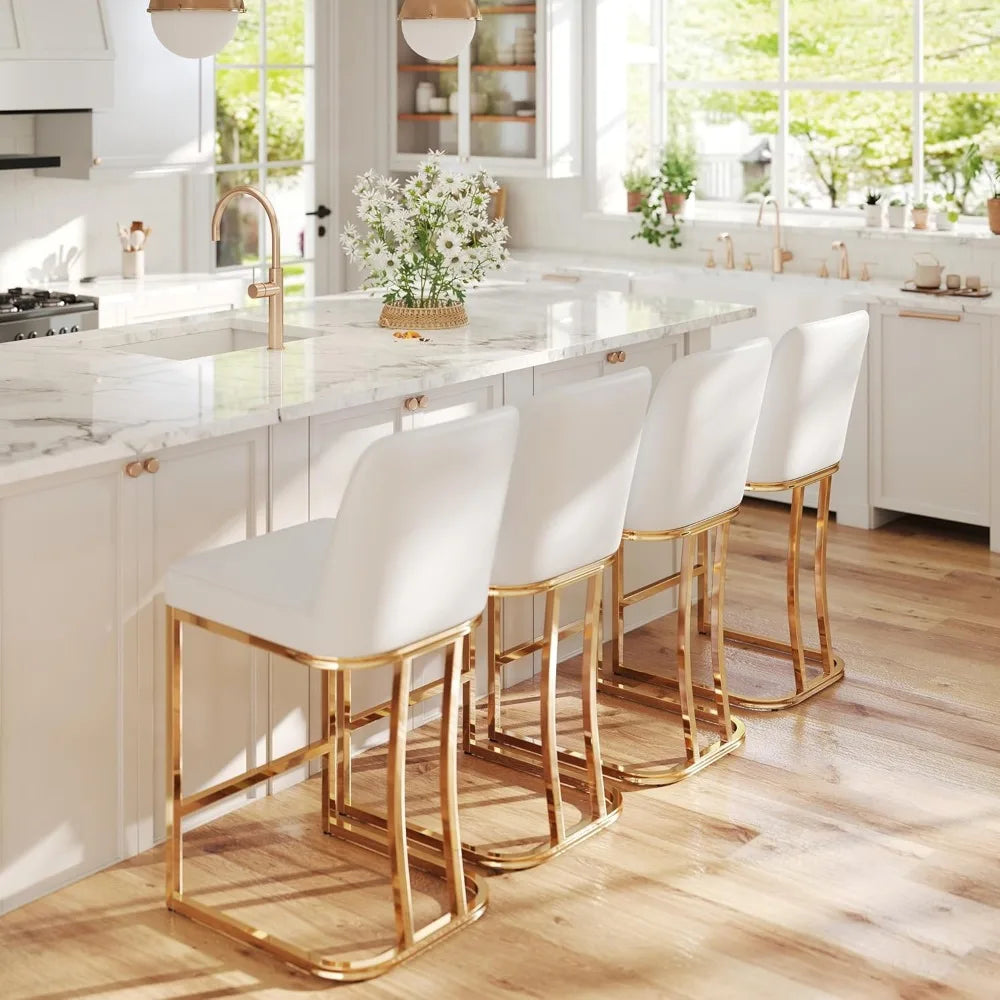 24" Modern Upholstered Bar Stool – White Faux Leather, Brushed Metal Frame