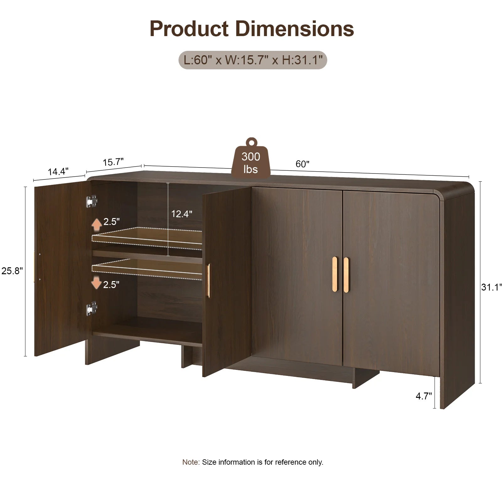 60" Rustic Curved Buffet Cabinet with Storage & Adjustable Shelves