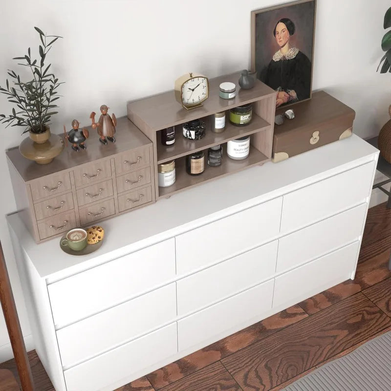 Modern White Wood Drawer Dresser with 9 Deep Drawers